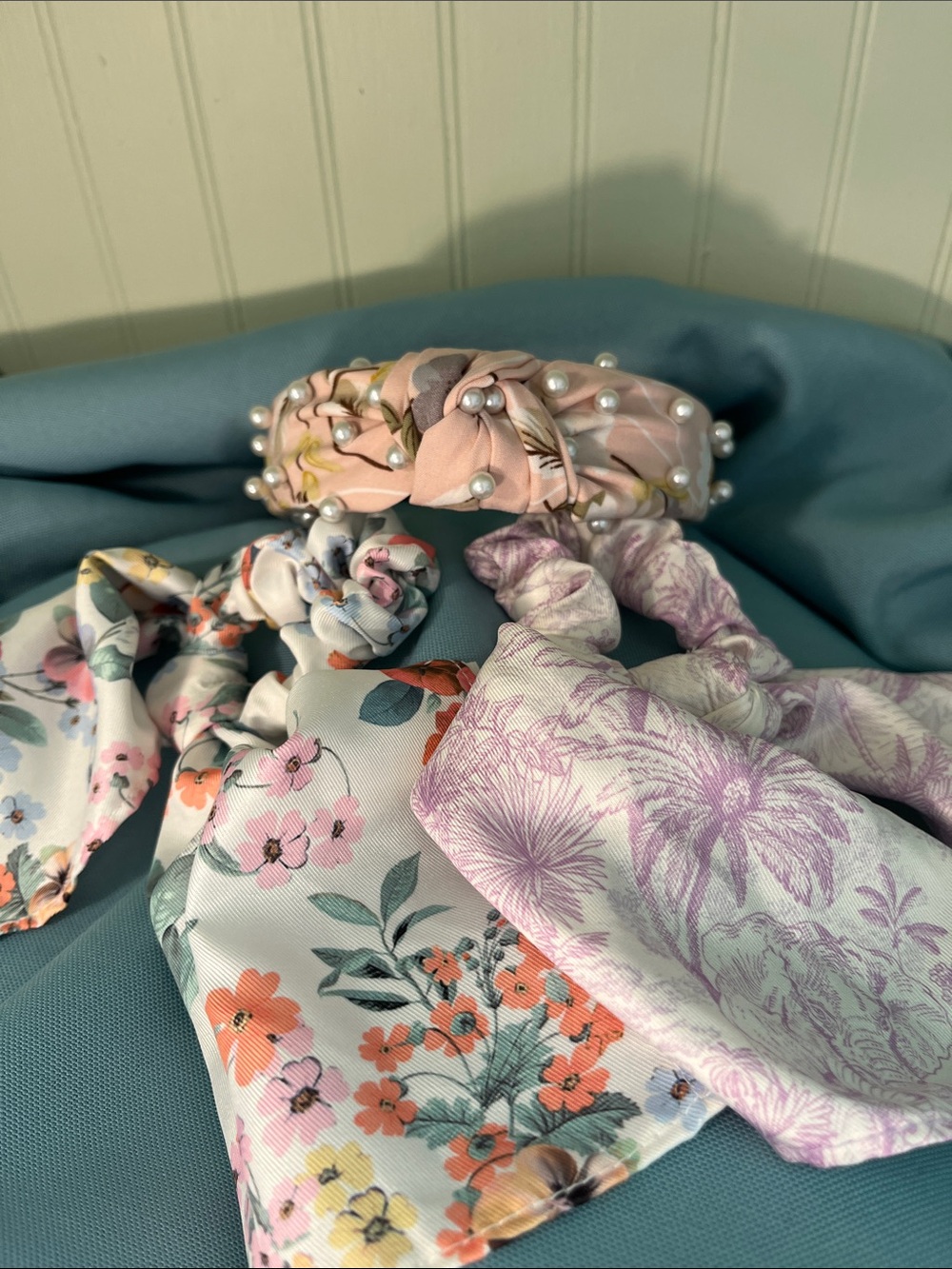Pearl-Trim Pink Floral Knot Headband and Floral Scrunchie Set